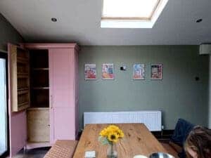 Tall pink larder unit in a modern kitchen