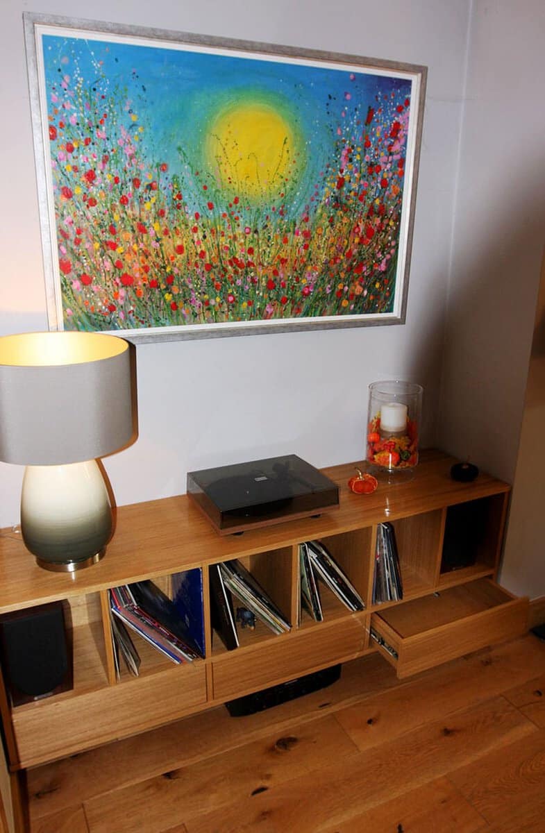 Oak floating stereo unit made to fit in an alcove