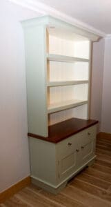 Mid-Century Modern kitchen dresser with contrasting hardwood counter and painted panels