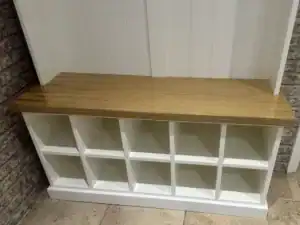 Hallway storage unit with ten show boxes built in