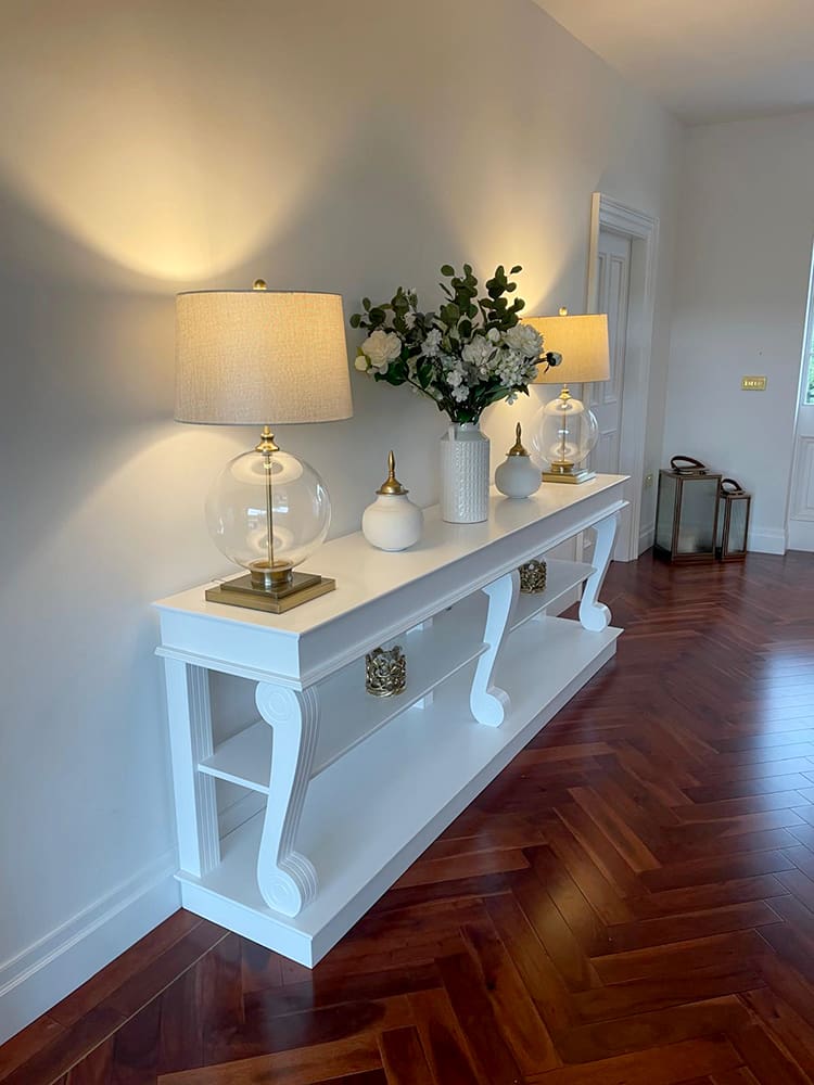White console table with middle shelf